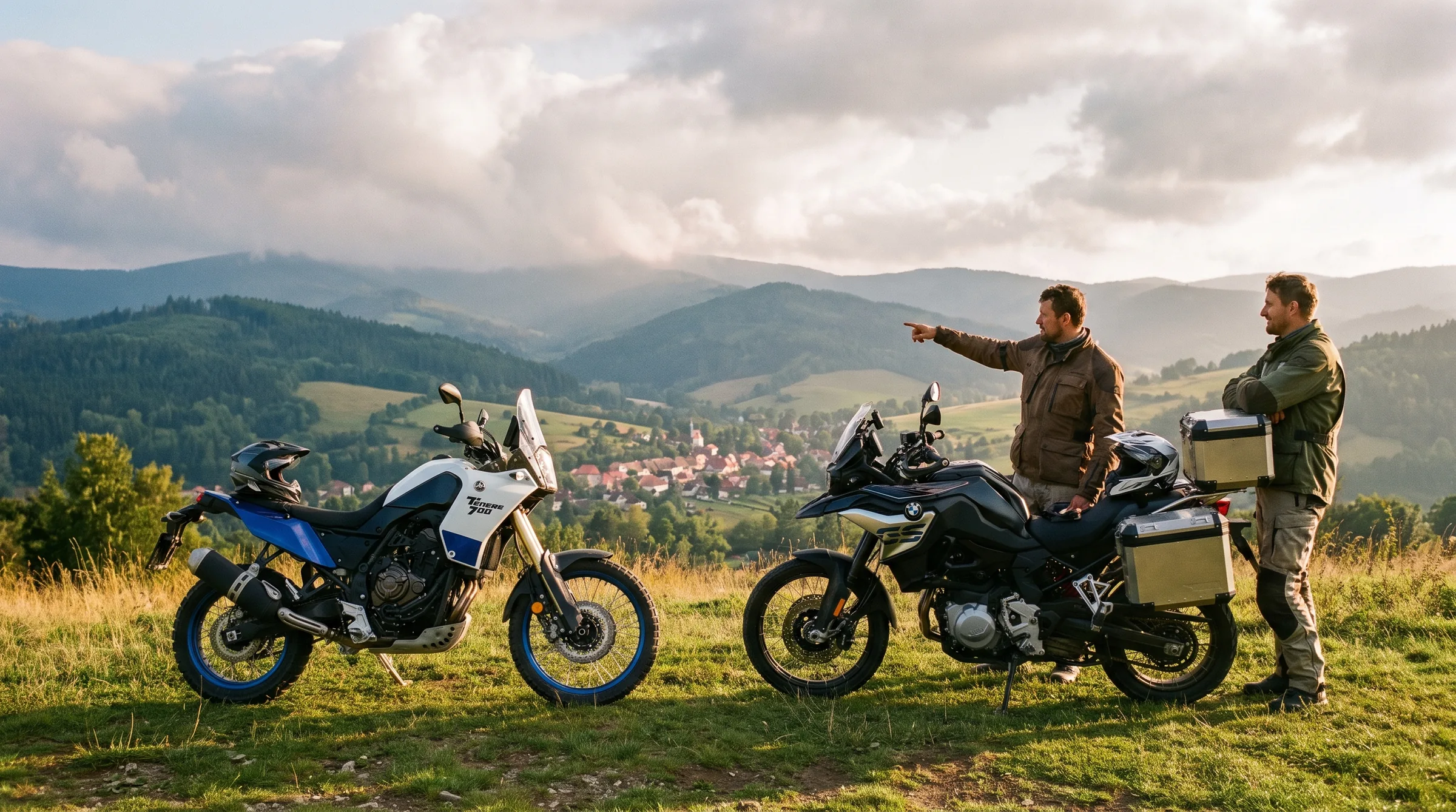 Dvě adventure motorky na vyhlídce v Beskydech
